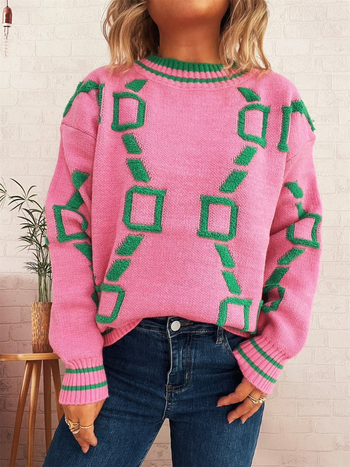 Women's Geometric Contrast Jumper in Pink, view 3