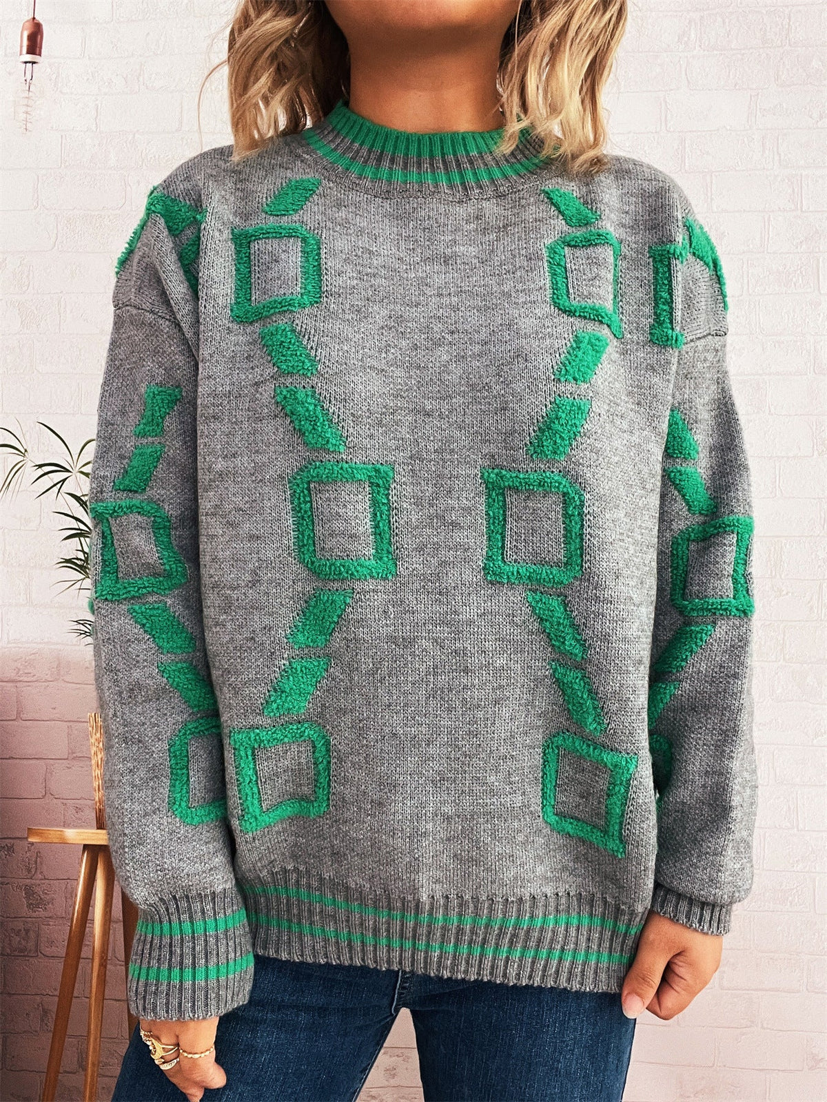 Women's Geometric Contrast Jumper in Grey, view 3