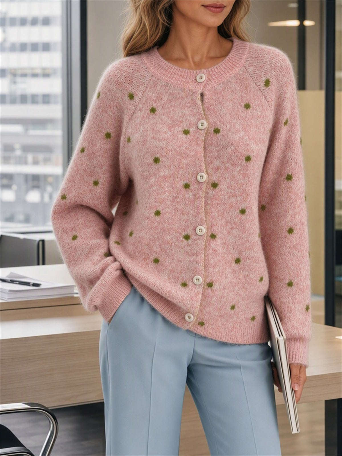 Women's Polka Dot Cardigan in Pink, view 3