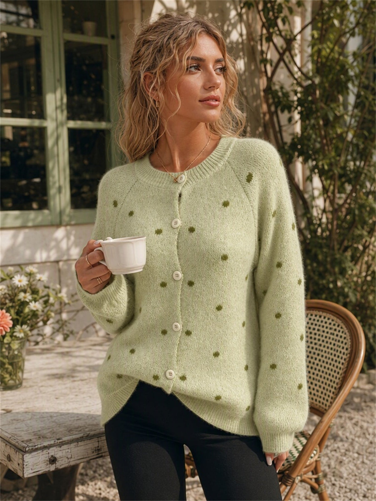 Women's Polka Dot Cardigan in Green, view 2