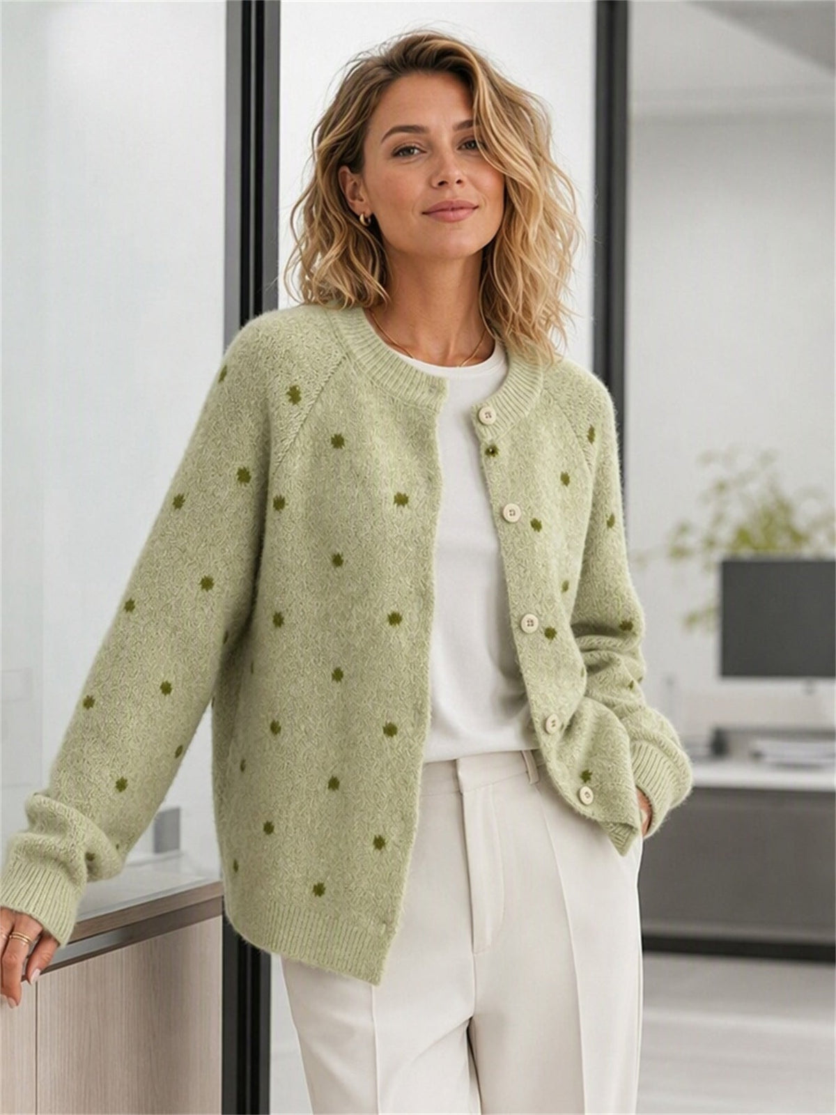 Women's Polka Dot Cardigan in Green, view 3