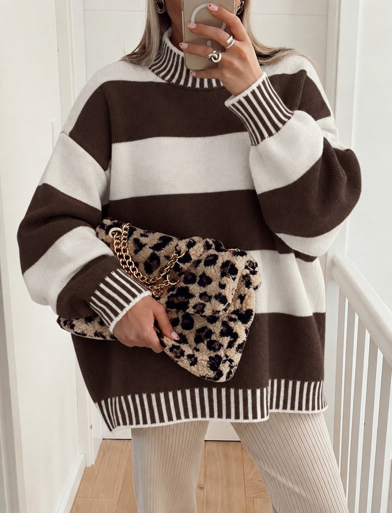 Women's Striped Mock Neck Jumper in Brown