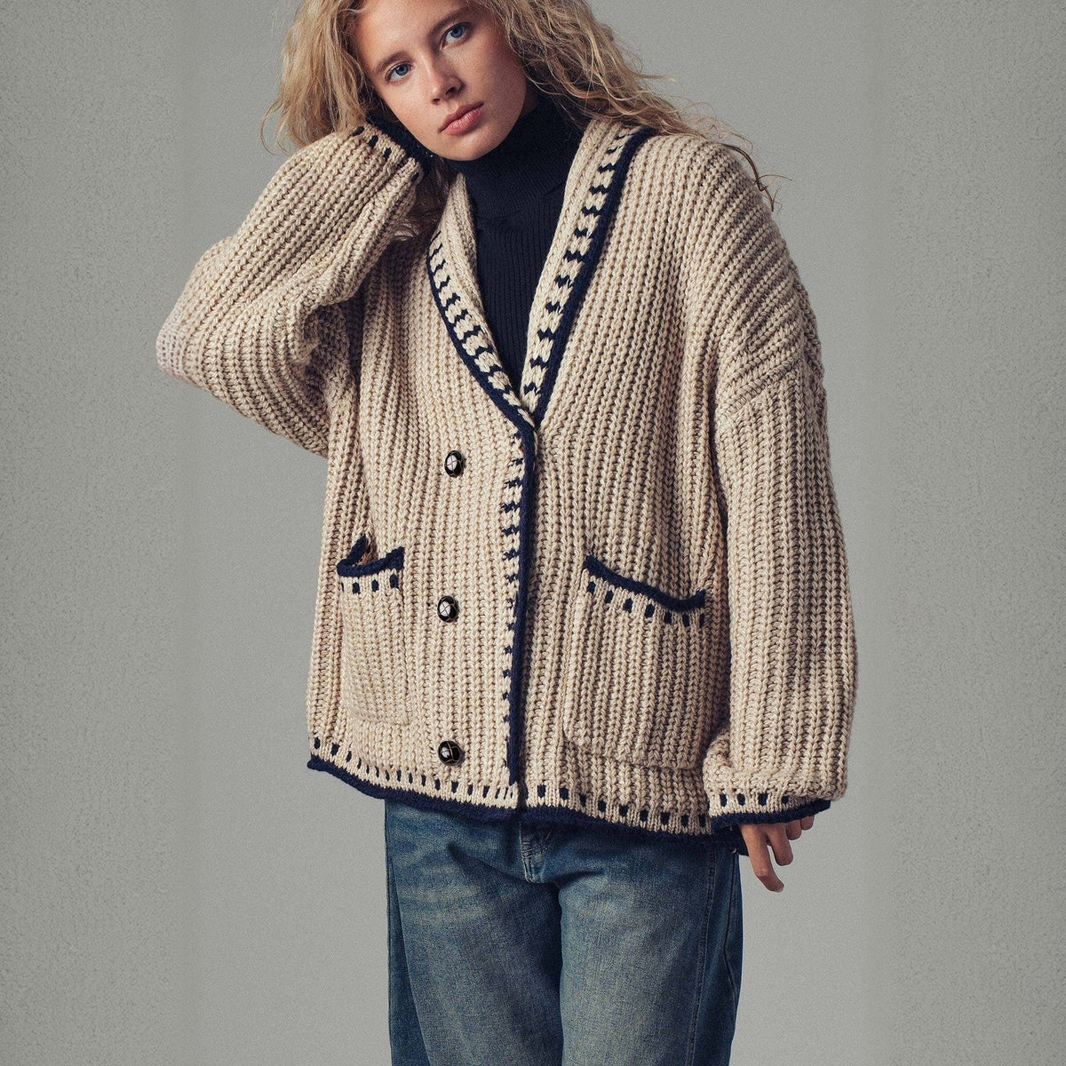 Women's Ribbed Trim Cardigan in Beige