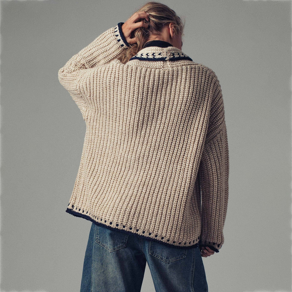 Women's Ribbed Trim Cardigan in Beige, view 2