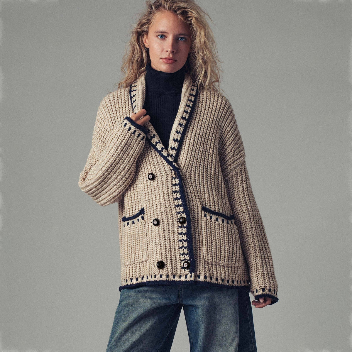 Women's Ribbed Trim Cardigan in Beige, view 3