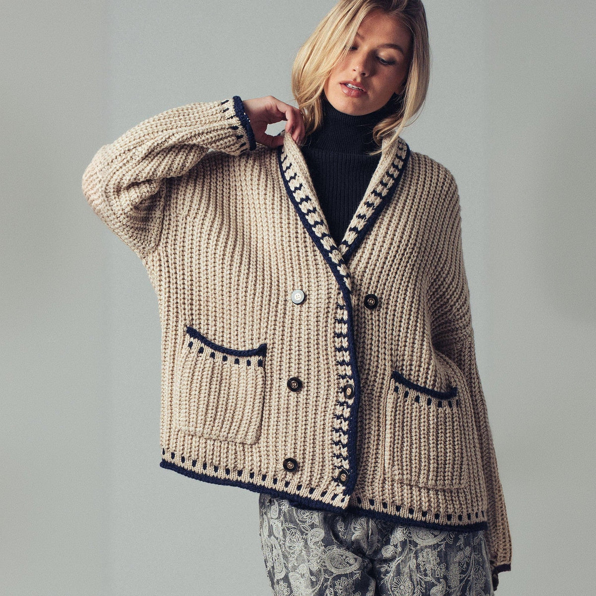 Women's Ribbed Trim Cardigan in Beige, view 4