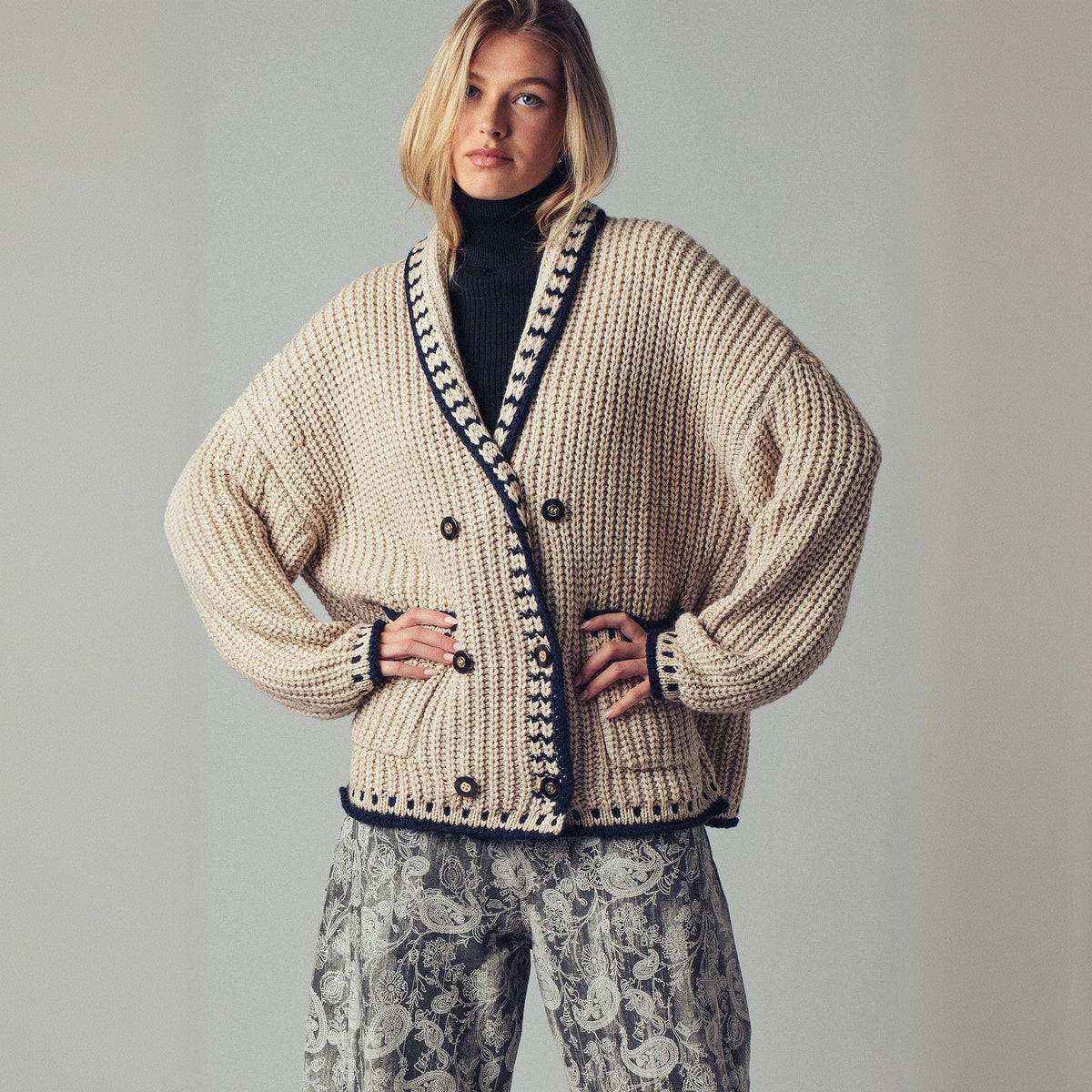 Women's Ribbed Trim Cardigan in Beige, view 5