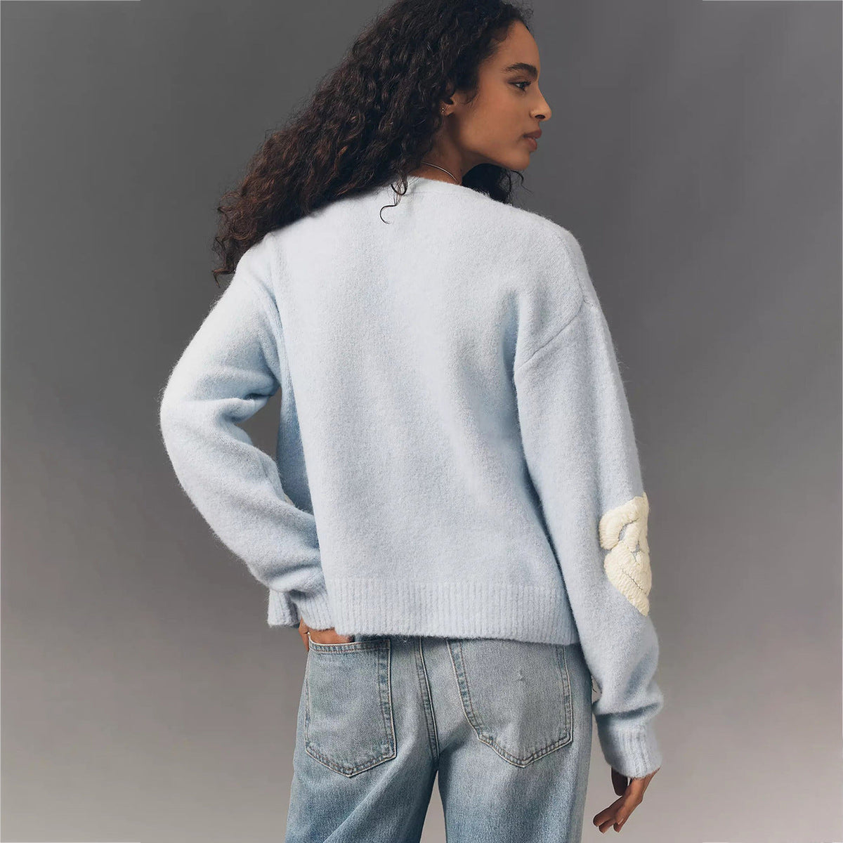 Women's Tie Neck Flower Cardigan in Light Blue