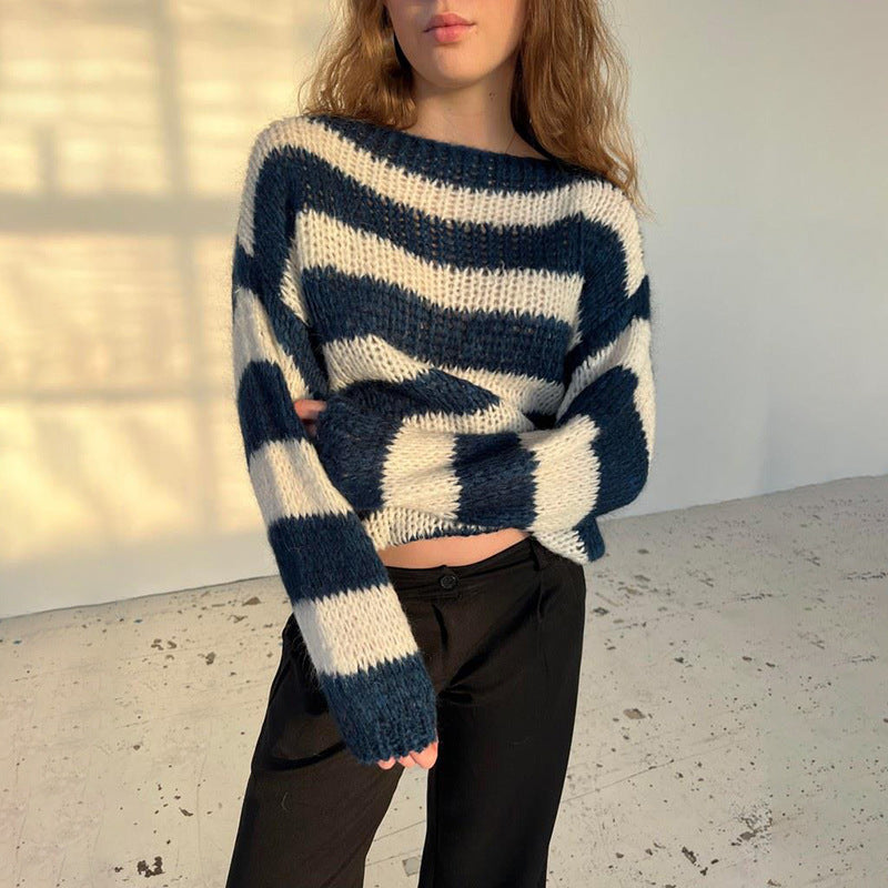 Women's Striped Boat Neck Jumper in Blue, view 5