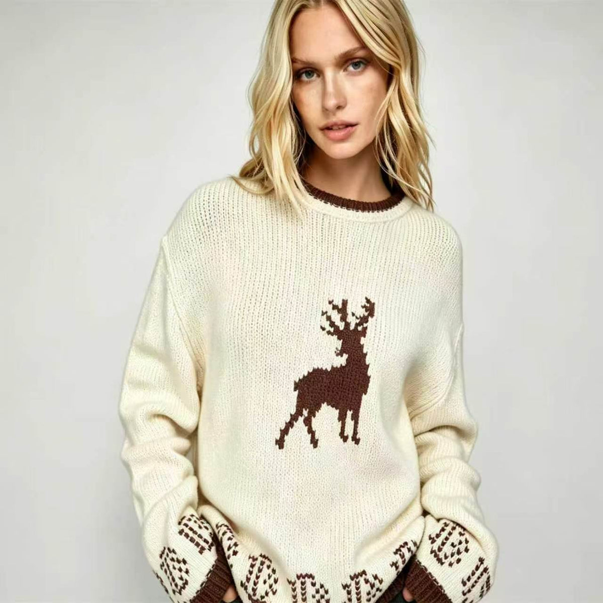 Women's Reindeer Hem Jumper in Brown, view 4