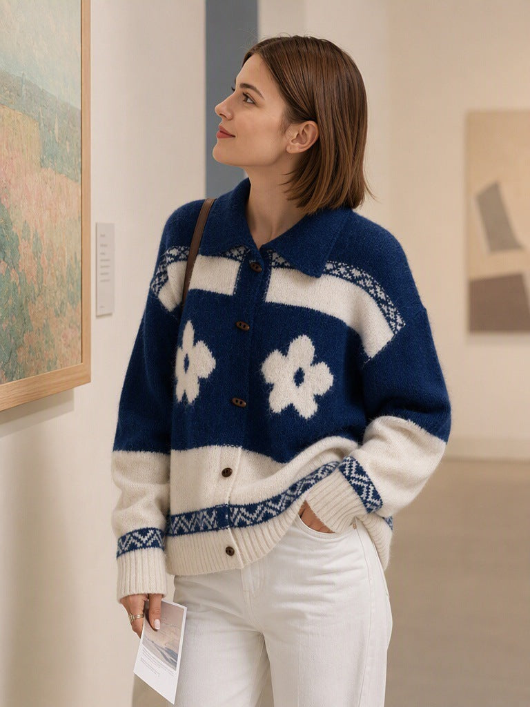 Women's Floral Jacquard Cardigan in Navy, view 2