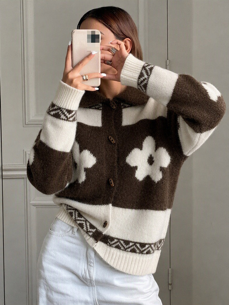 Women's Floral Jacquard Cardigan in Brown