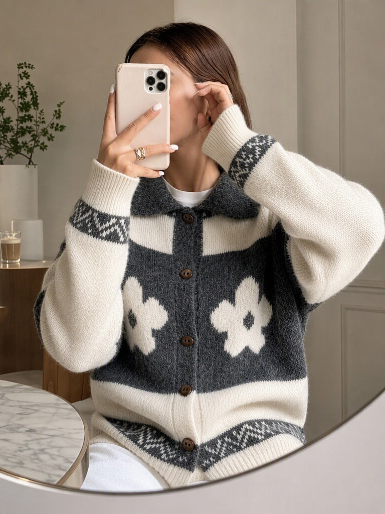 Women's Floral Jacquard Cardigan in Grey, view 2