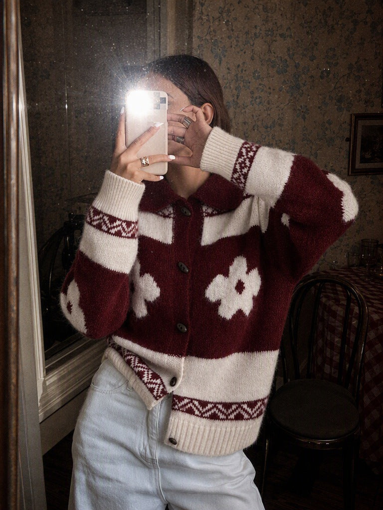 Women's Floral Jacquard Cardigan in Red, view 3