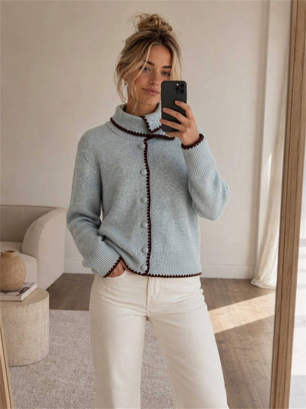 Women's Asymmetric Collar Cardigan in Light Green, view 3