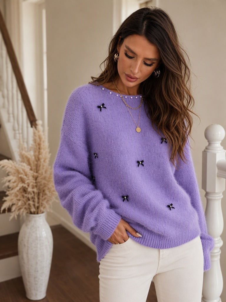 Women's Beaded Bow Jumper in Purple