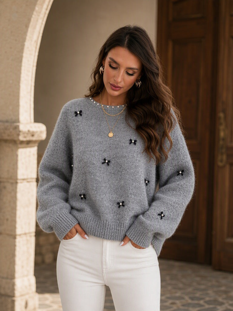 Women's Beaded Bow Jumper in Grey