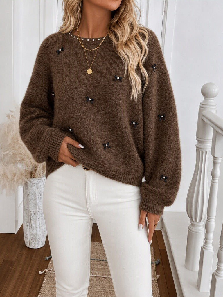 Women's Beaded Bow Jumper in Brown