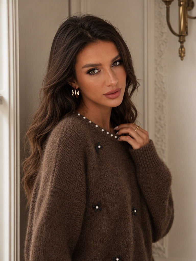 Women's Beaded Bow Jumper in Brown, view 3