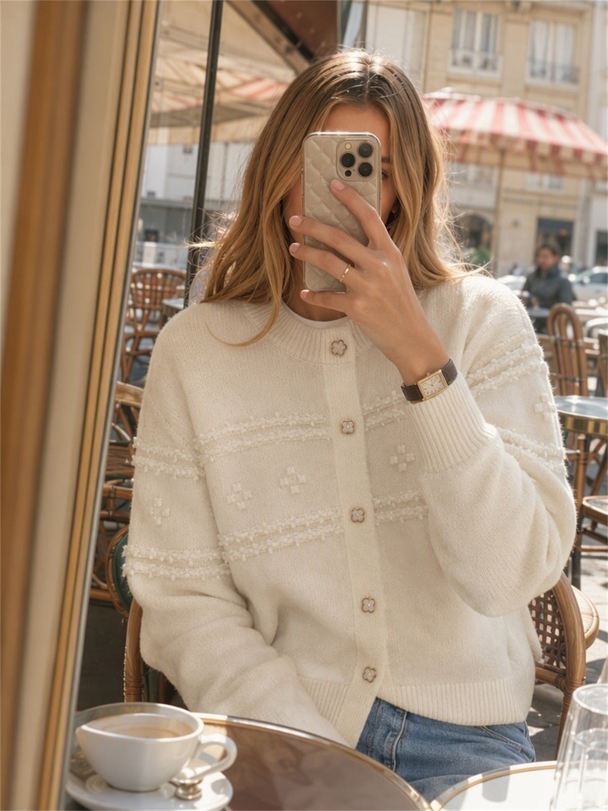 Women's Floral Button Cardigan in White, view 3