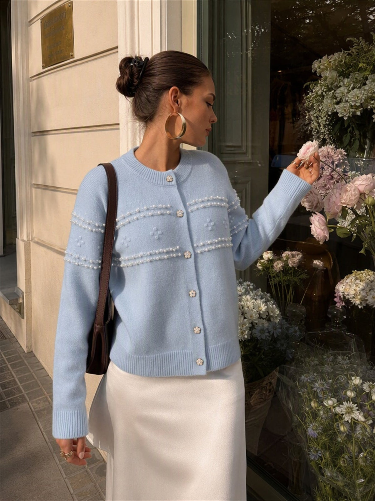 Women's Floral Button Cardigan in Blue, view 4