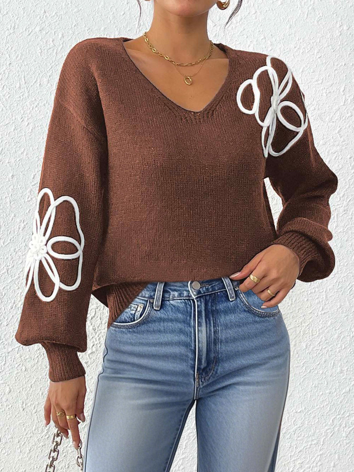 Women's Floral Embroidered Jumper in Brown, view 5