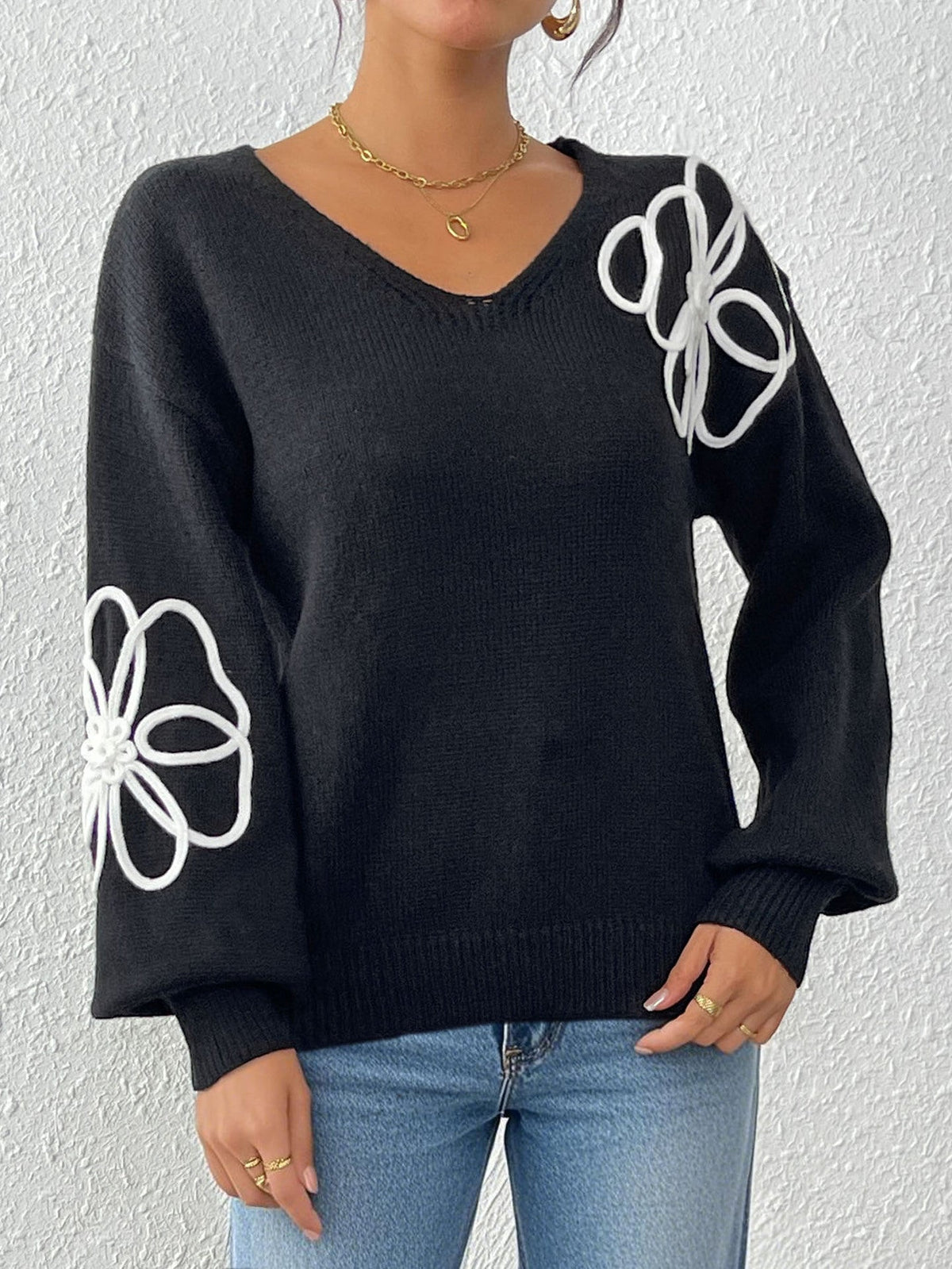 Women's Floral Embroidered Jumper in Black
