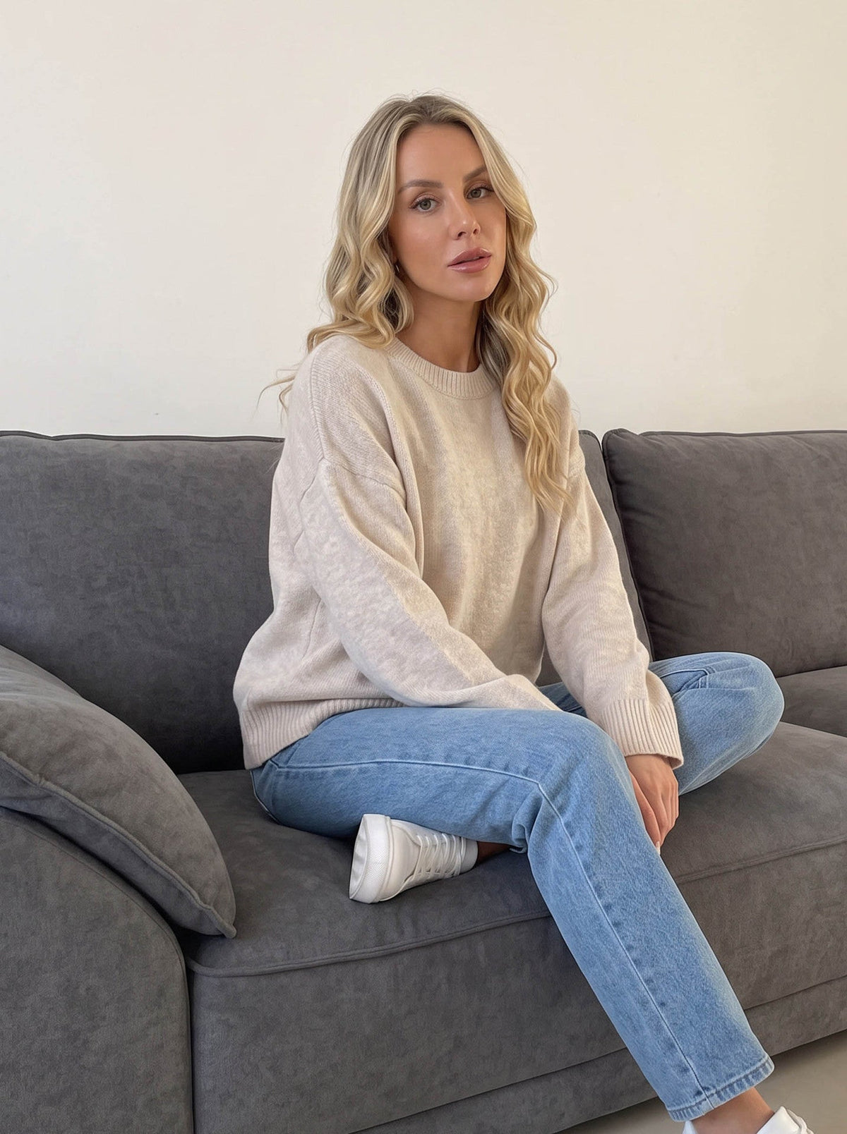 Women's Classic Crew Neck Jumper in Cream, view 2
