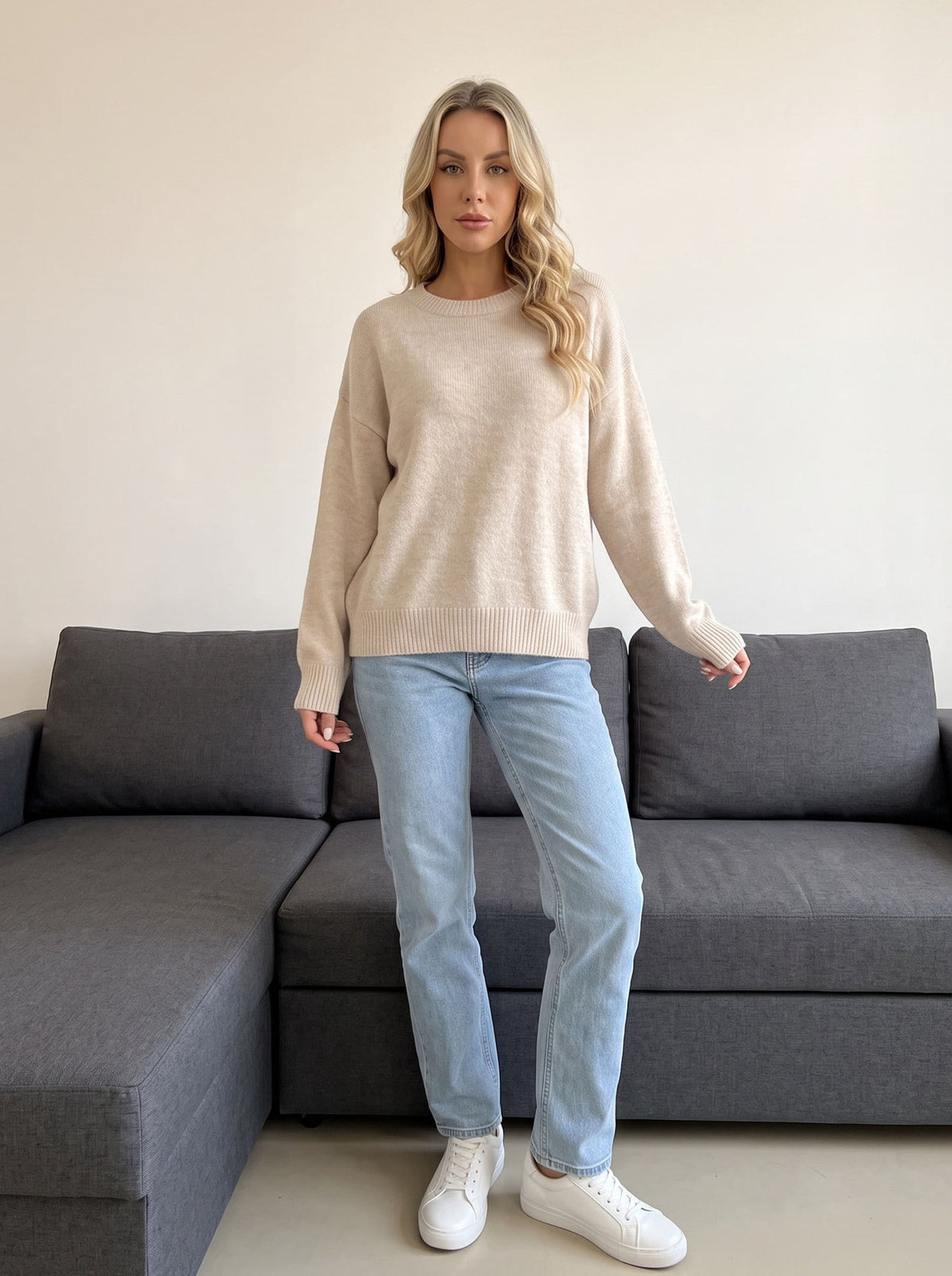 Women's Classic Crew Neck Jumper in Cream, view 5