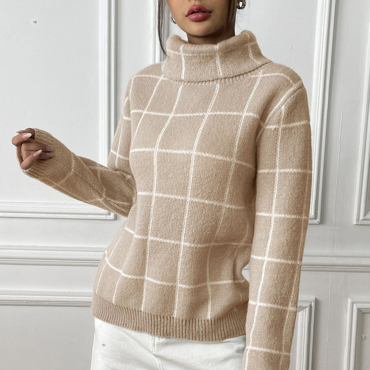 Women's Check Roll Neck Jumper in Beige, view 2