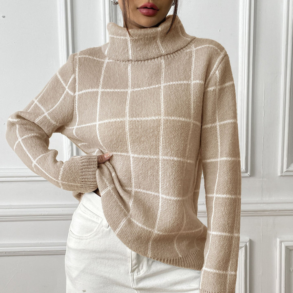 Women's Check Roll Neck Jumper in Beige, view 3