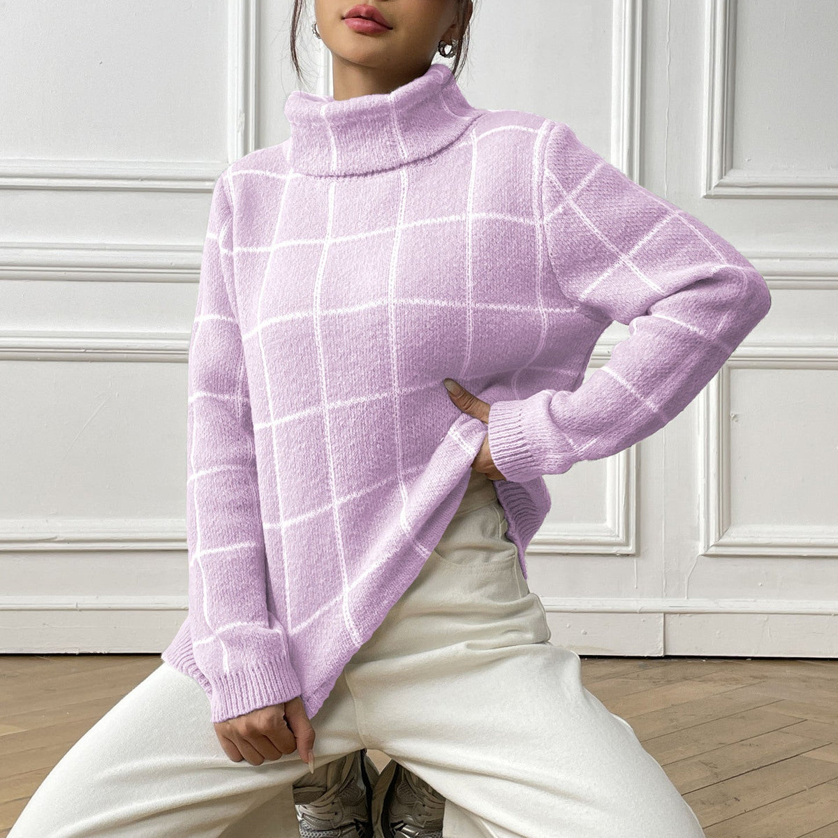 Women's Check Roll Neck Jumper in Purple