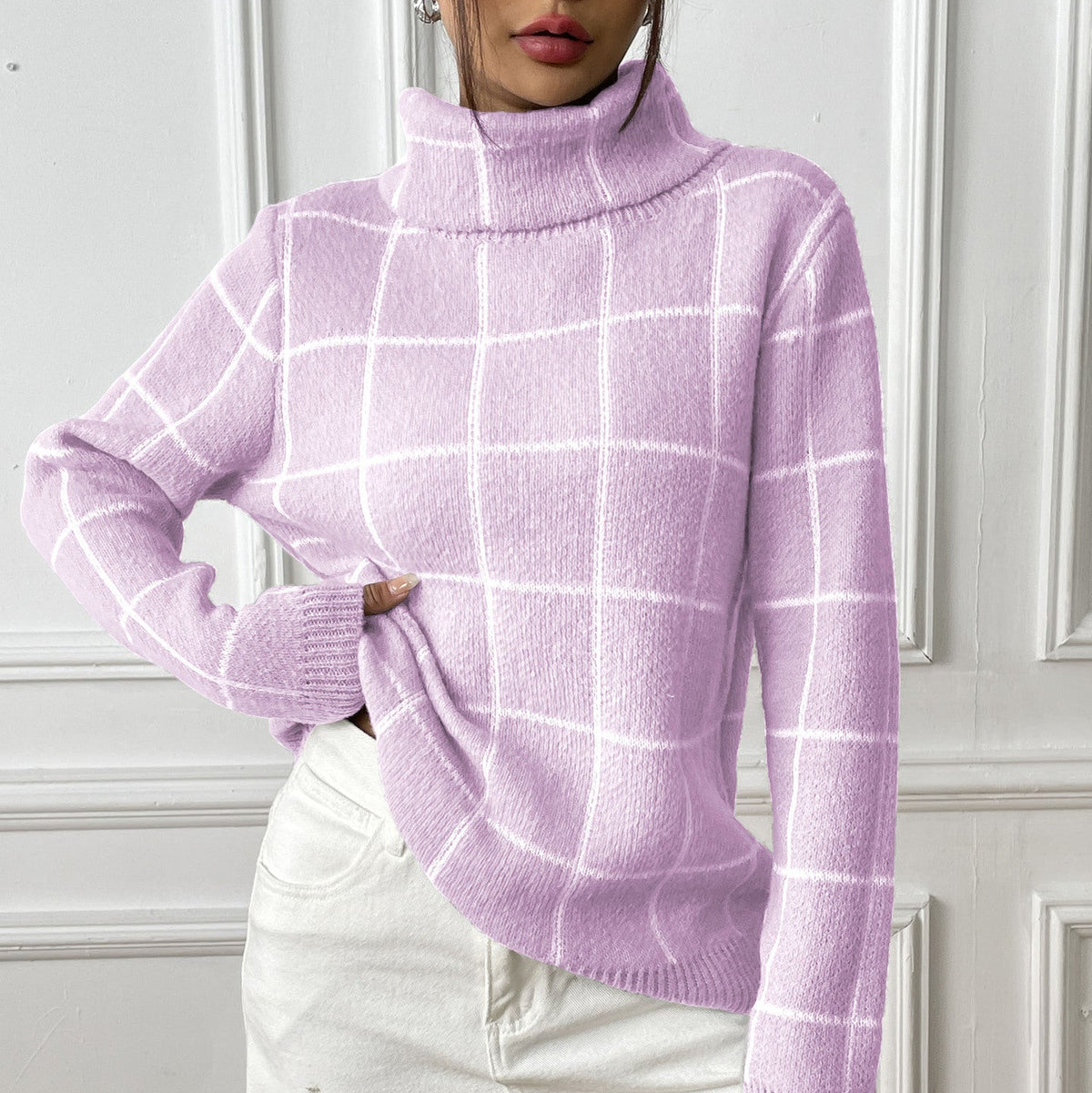 Women's Check Roll Neck Jumper in Purple, view 2