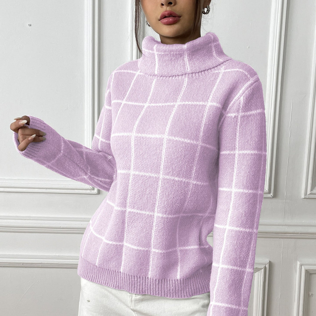 Women's Check Roll Neck Jumper in Purple, view 3