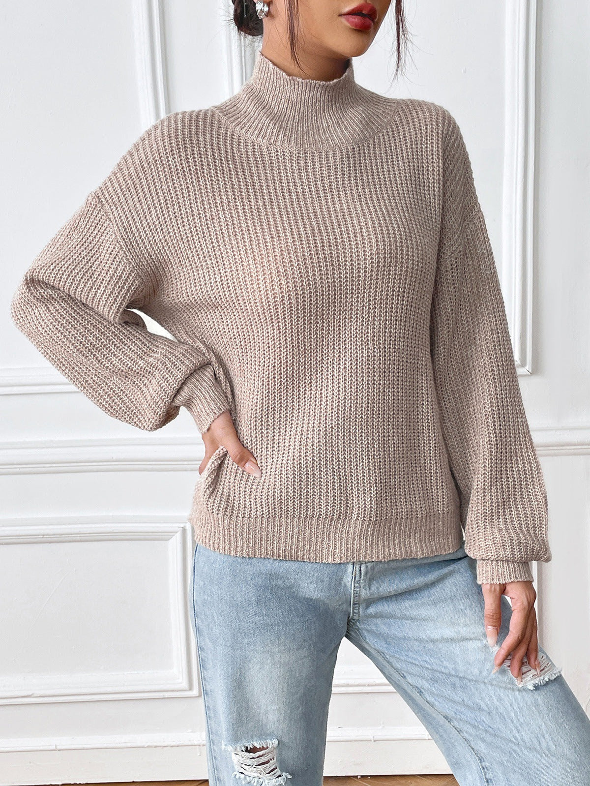 Women's Ribbed Mock Neck Jumper in Beige, view 5