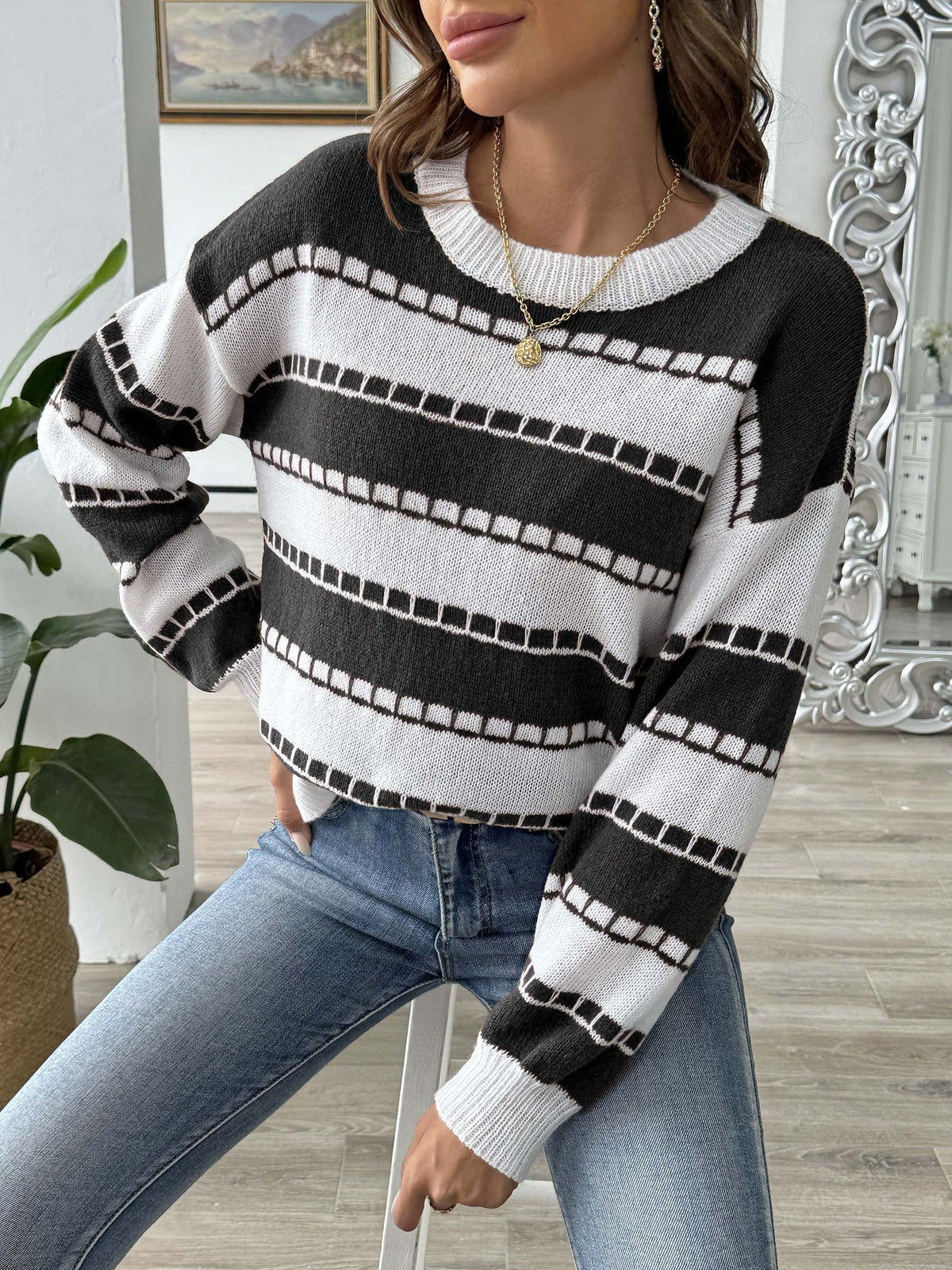 Women's Colour Block Stripe Jumper in Black