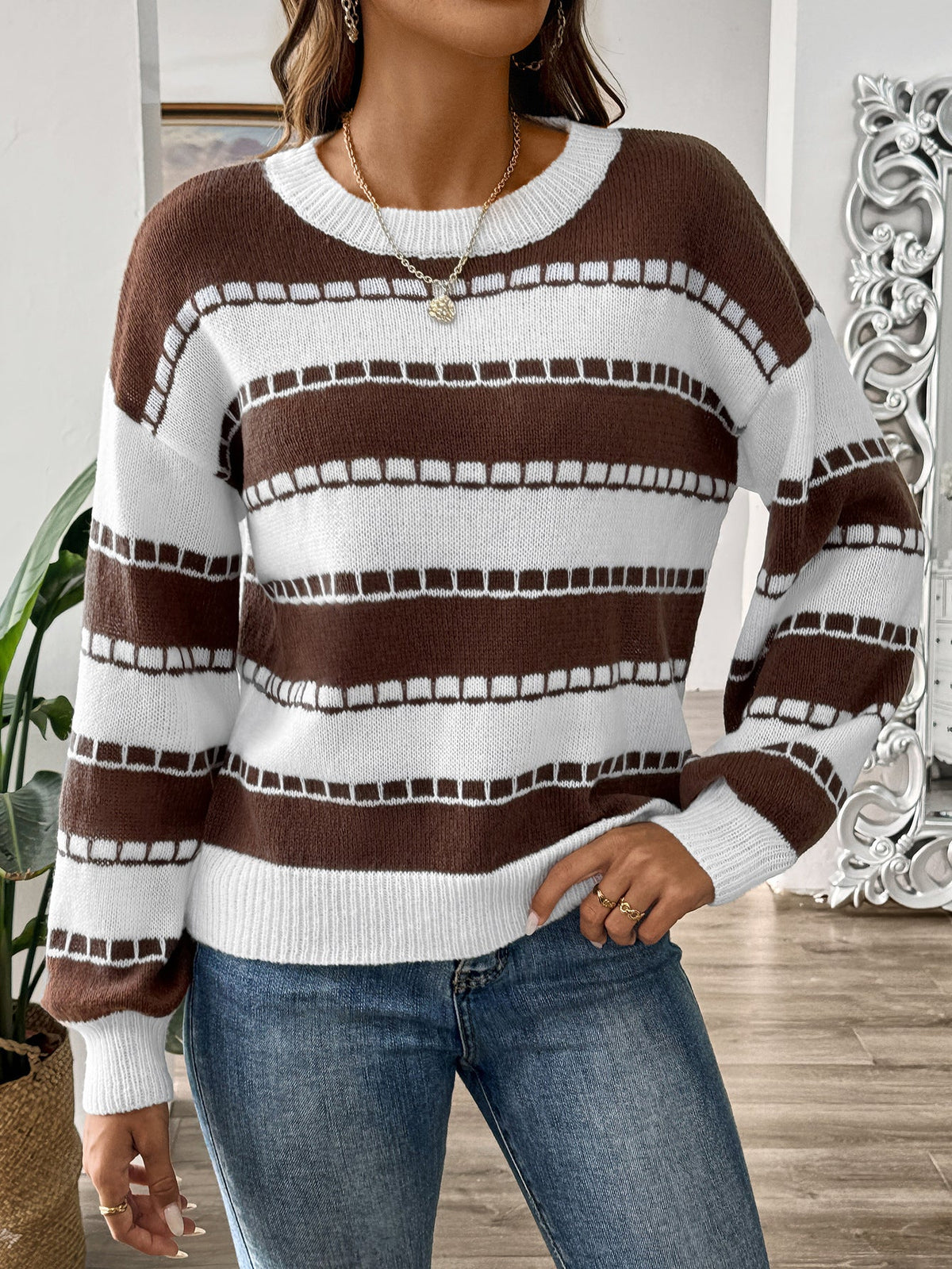 Women's Colour Block Stripe Jumper in Brown, view 3