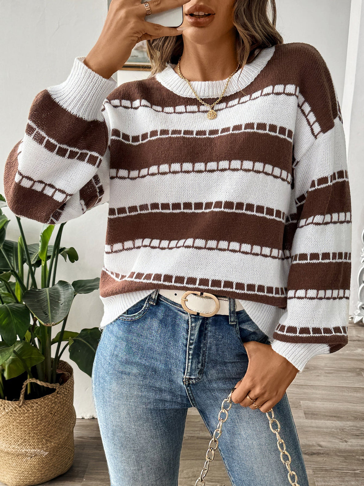 Women's Colour Block Stripe Jumper in Brown, view 4