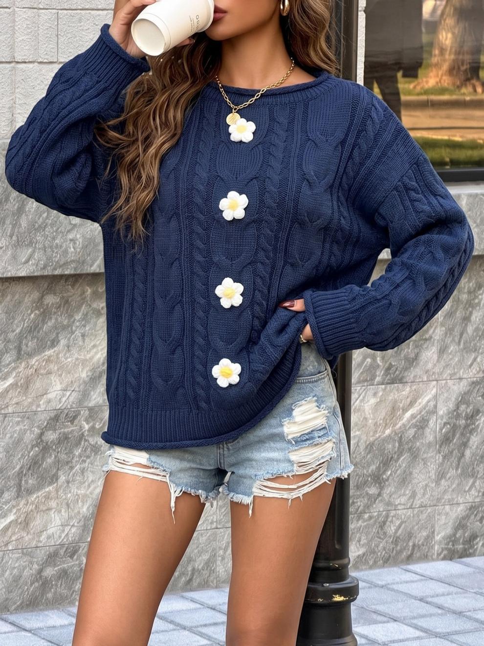 Women's Cable Knit Flower Jumper in Navy, view 2
