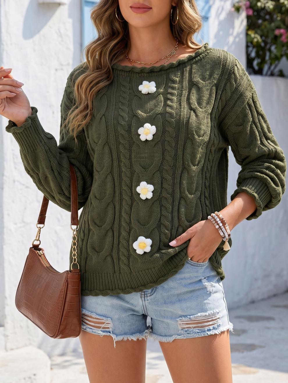 Women's Cable Knit Flower Jumper in Army Green, view 2
