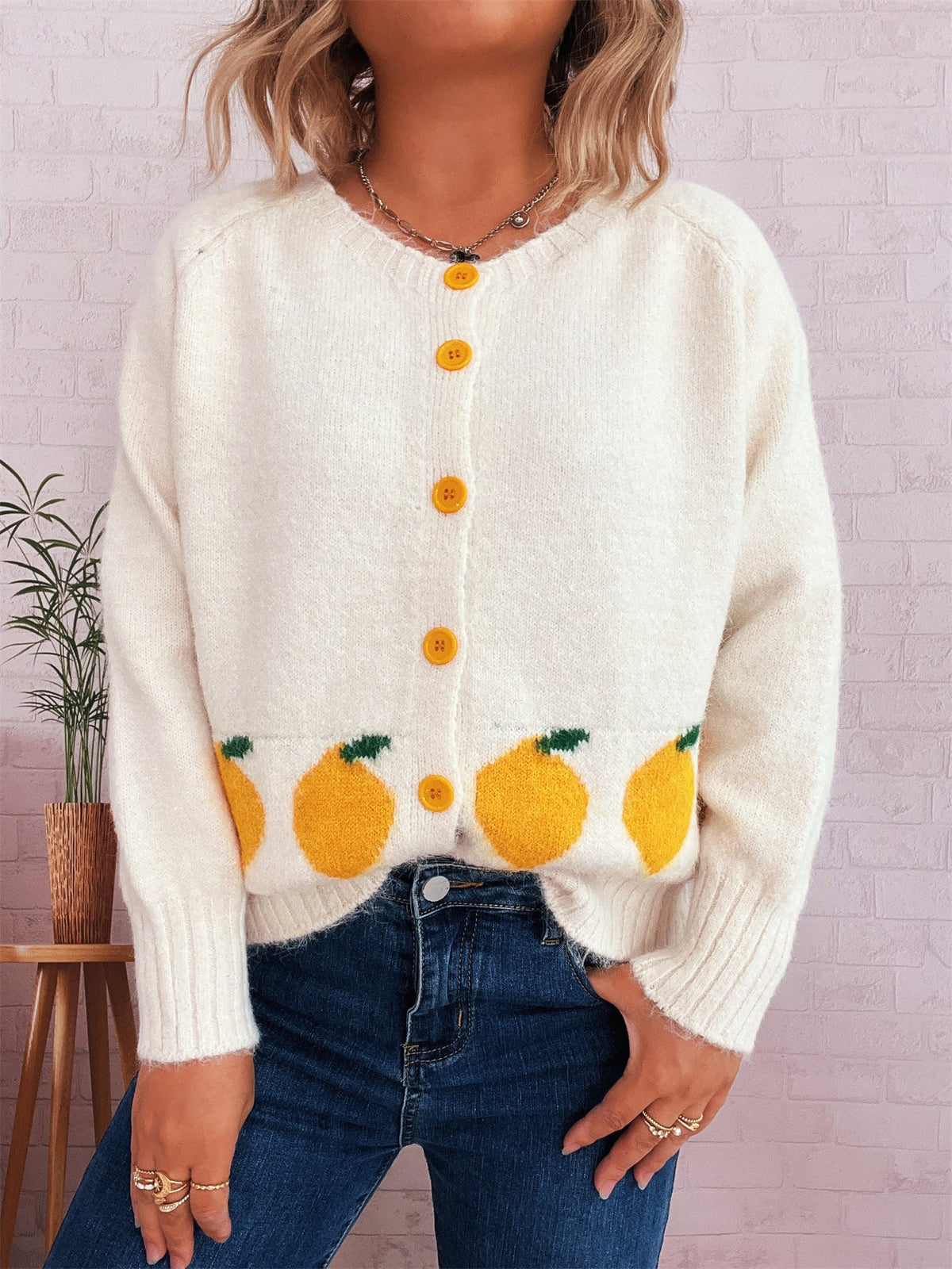 Women's Lemon Button Cardigan in White, view 3
