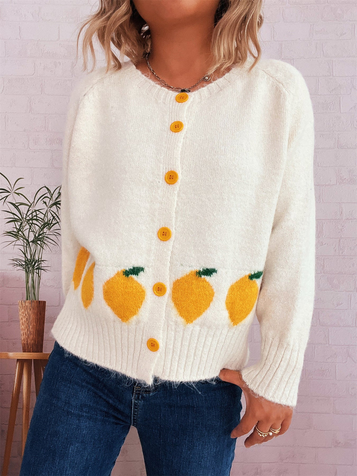 Women's Lemon Button Cardigan in White, view 4