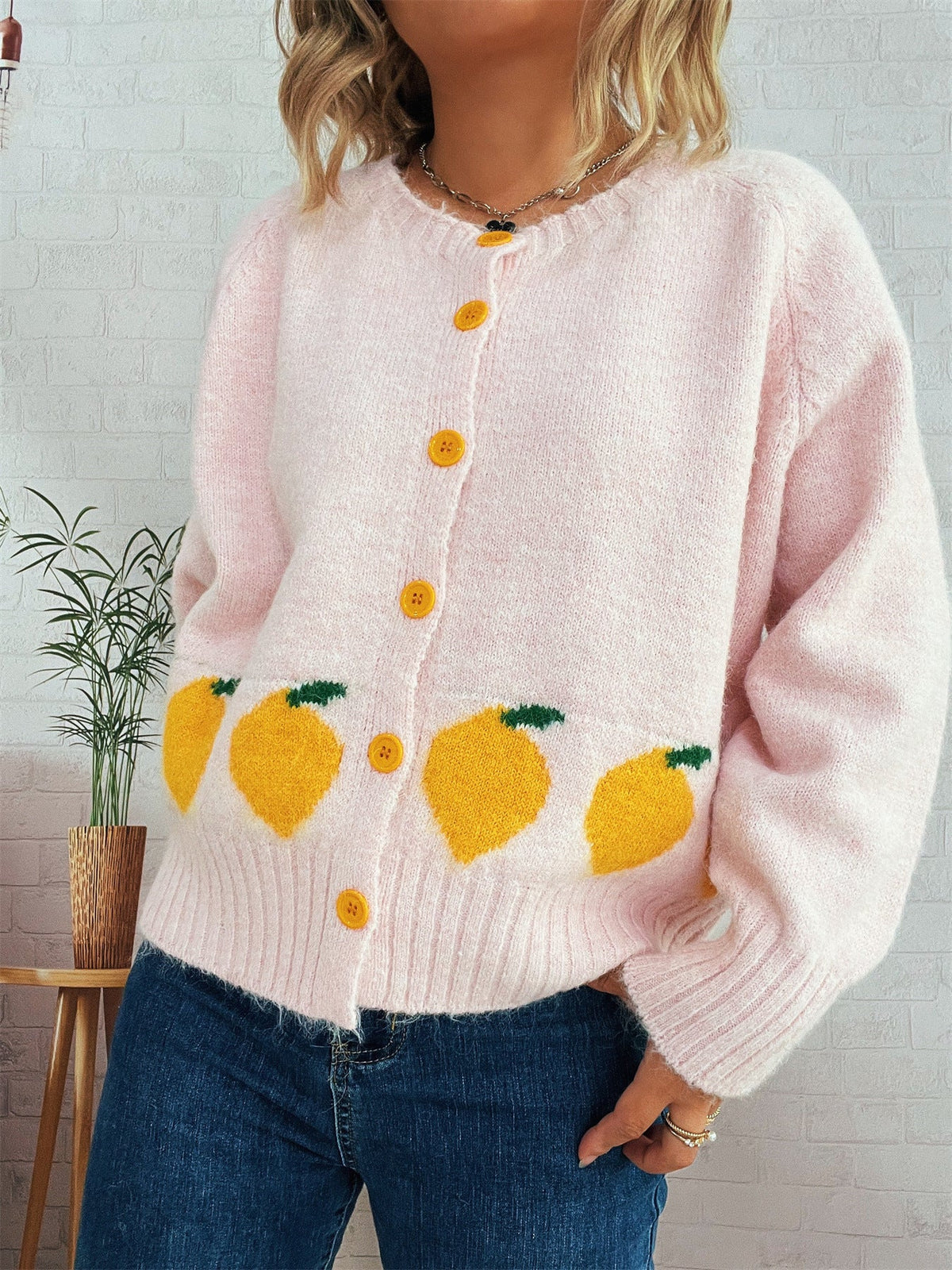 Women's Lemon Button Cardigan in Pink, view 2