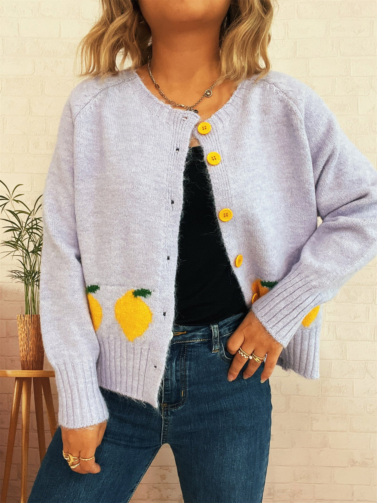 Women's Lemon Button Cardigan in Purple, view 3