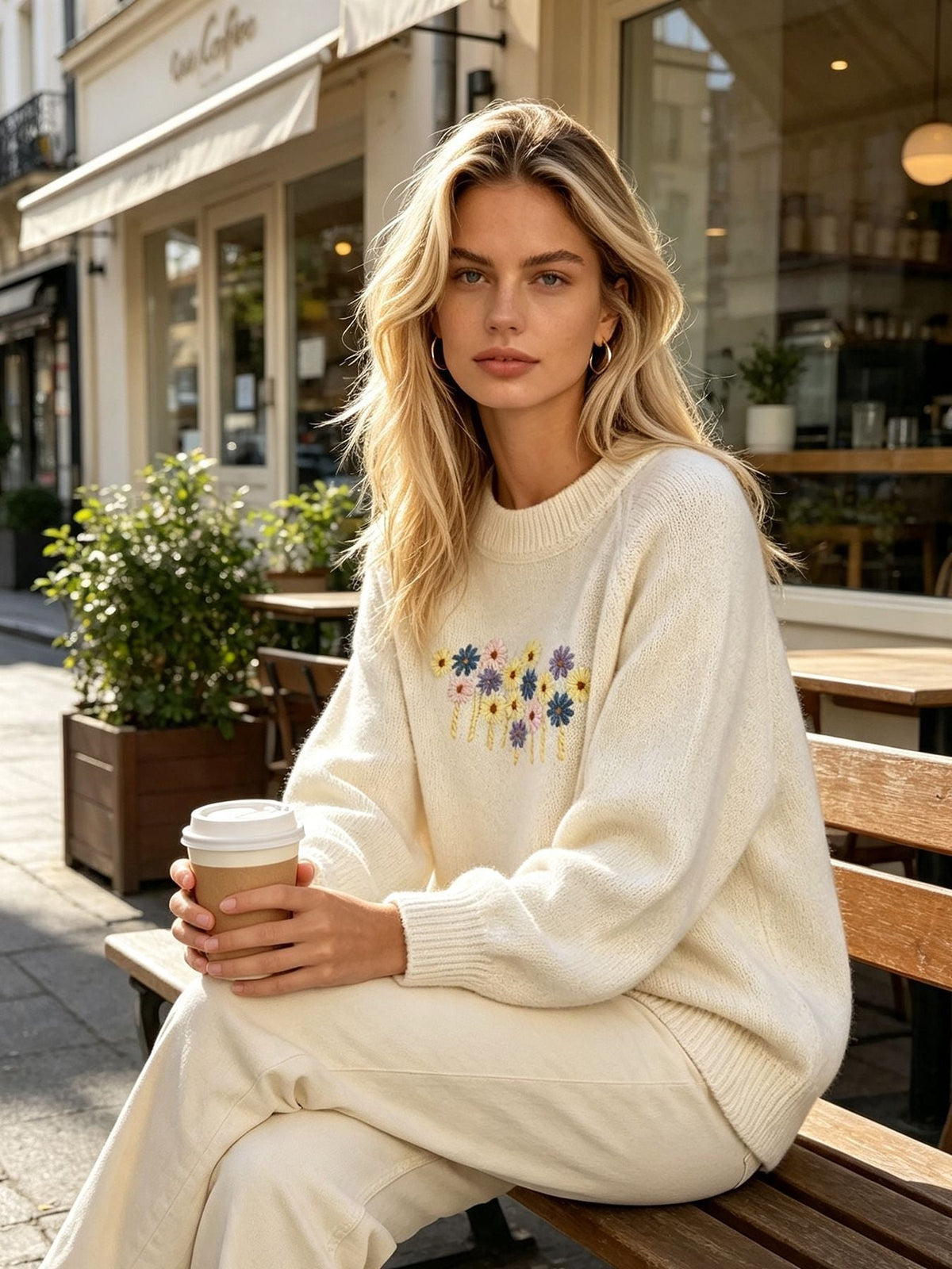 Women's Daisy Embroidered Jumper in White, view 3