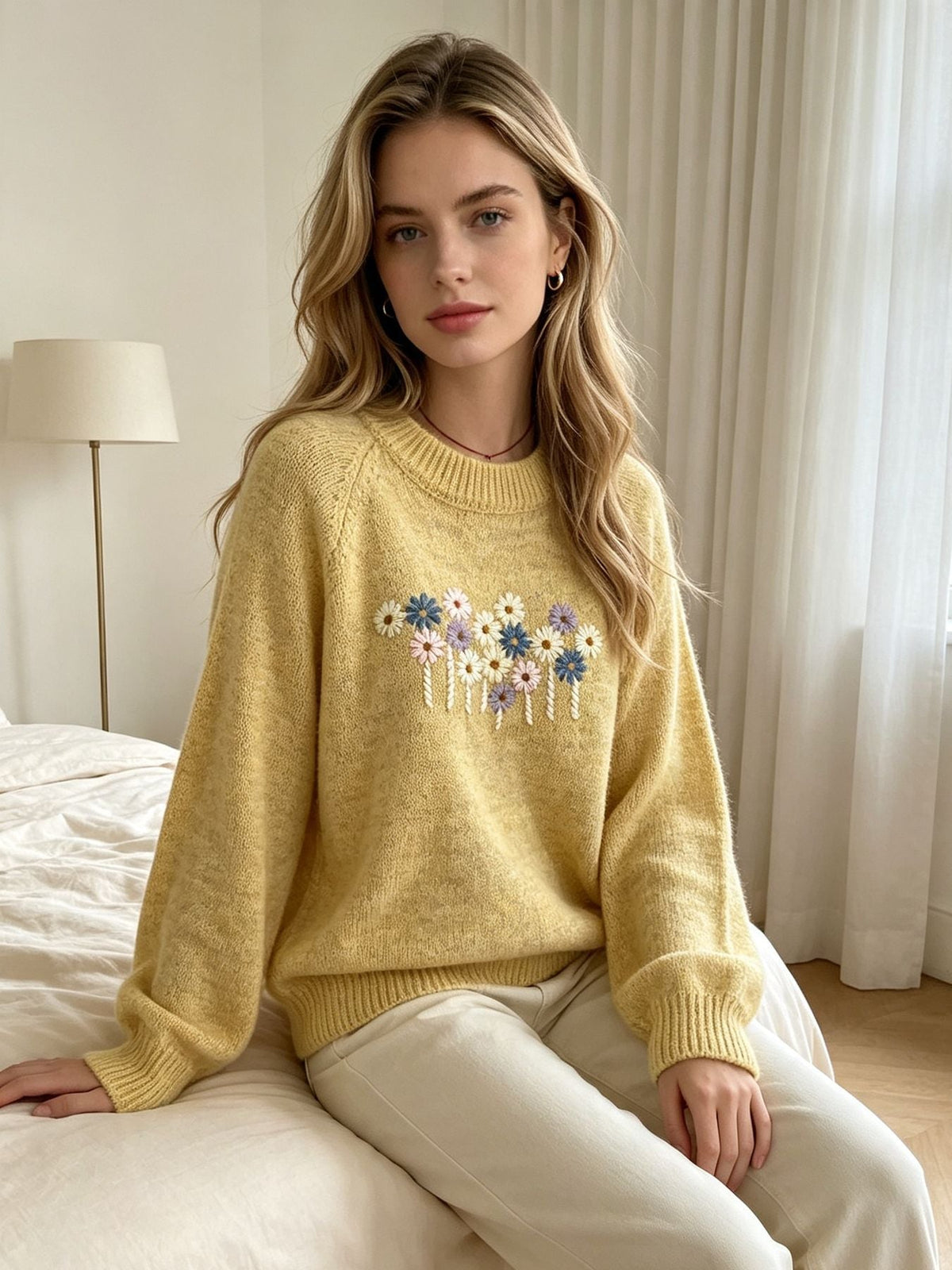 Women's Daisy Embroidered Jumper in Yellow, view 2