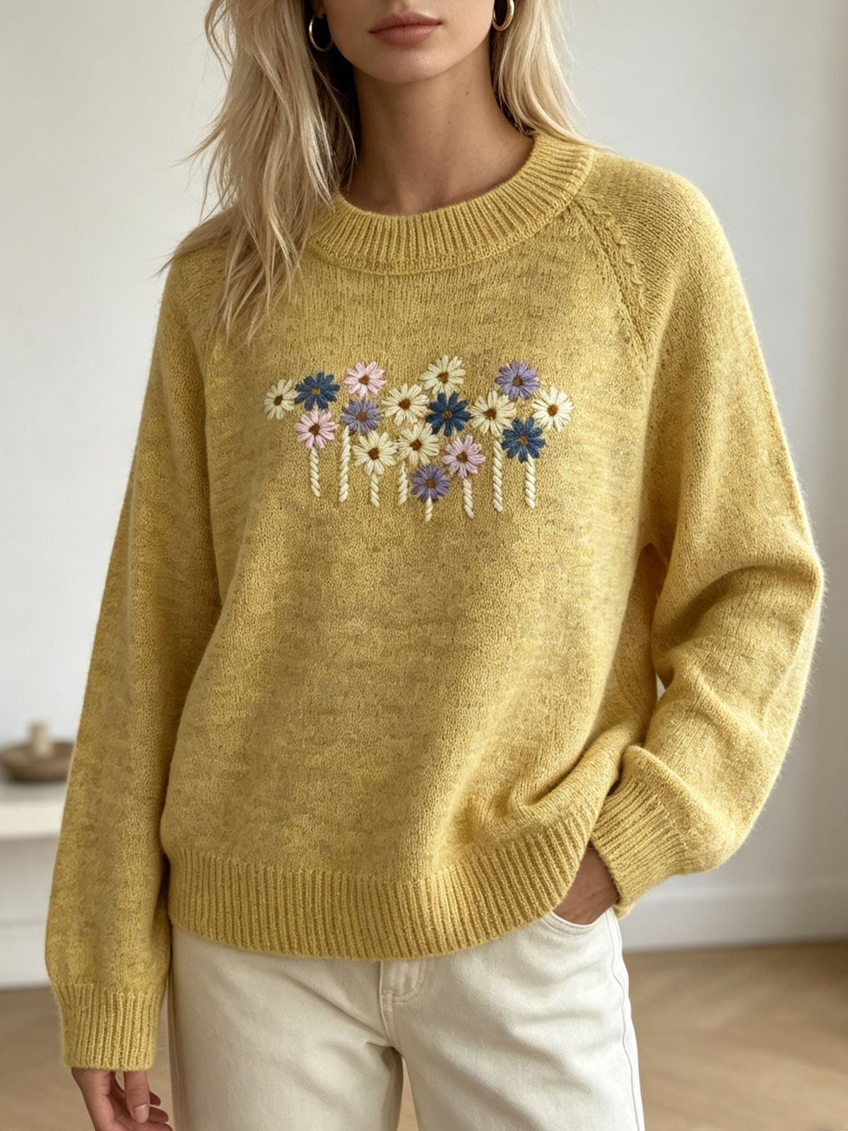 Women's Daisy Embroidered Jumper in Yellow, view 4