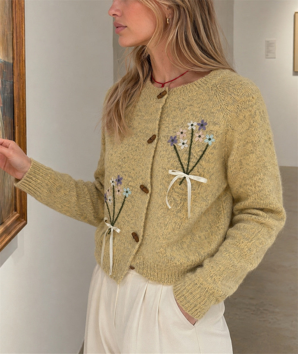 Women's Embroidered Flower Cardigan in Yellow, view 4