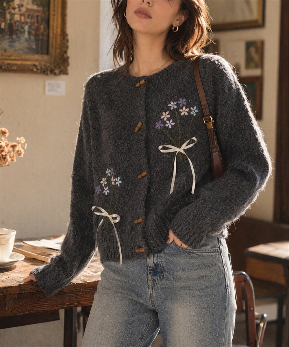 Women's Embroidered Flower Cardigan in Dark Grey, view 2