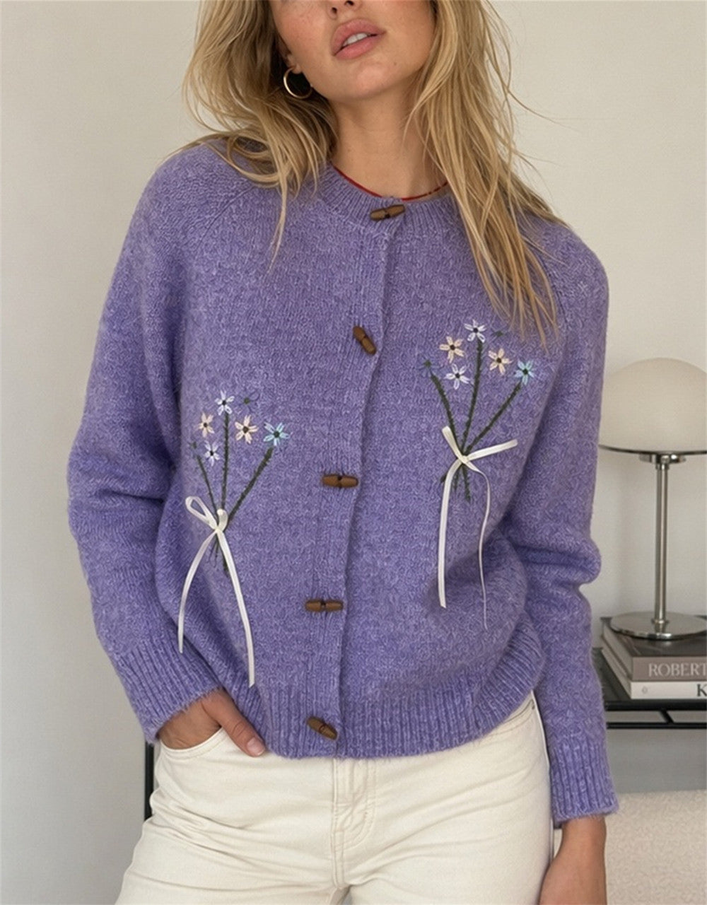 Women's Embroidered Flower Cardigan in Purple, view 3